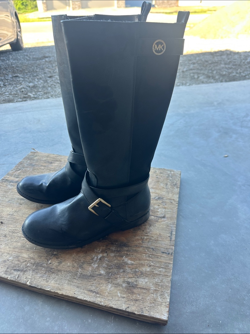 Michael Kors Black Leather Tall Riding Boots with Gold MK Medallion
